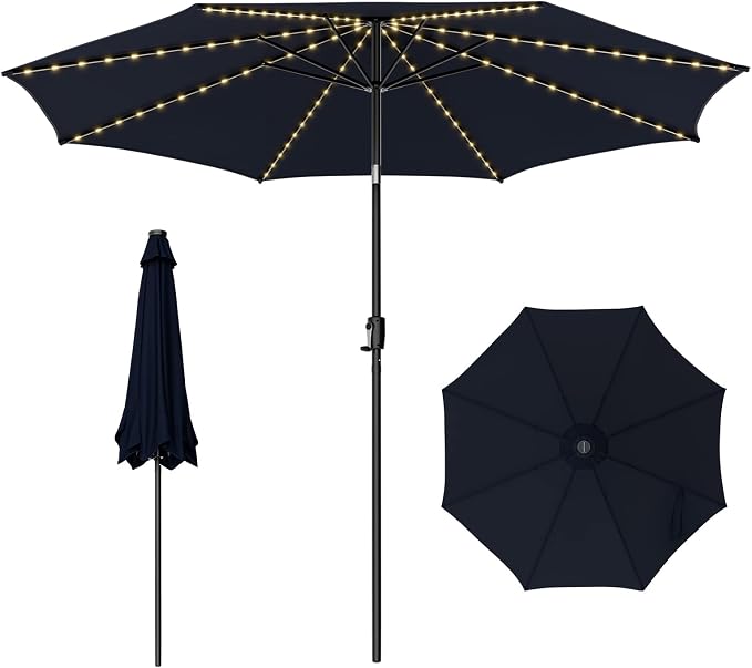 HAPPYGRILL 10 FT Solar Patio Umbrella with 112 LED Light, Outdoor Umbrella with Tilt Adjustment, Crank System, 8 Metal Ribs & Vented Top, Deck Table Market Umbrella for Garden Pool Deck Yard