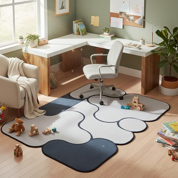 Faux Wool Thin Light Blue Grey Ombre Geometric Pattern Odd Shaped Area Rug 9x12 Non Slip Quick Dry Washable Bedroom Deco Rugs for Living Room Dining Room Home Office Dorm Playroom Floor Mats