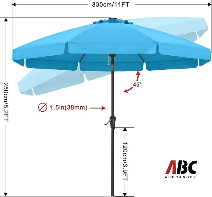 ABCCANOPY 11ft Scalloped Patio Umbrella, Outdoor Table Umbrella with Tilt and Crank, Fiberglass Ribs Deck Umbrella for Patio, Pool, Garden, Picnic (Turquoise)