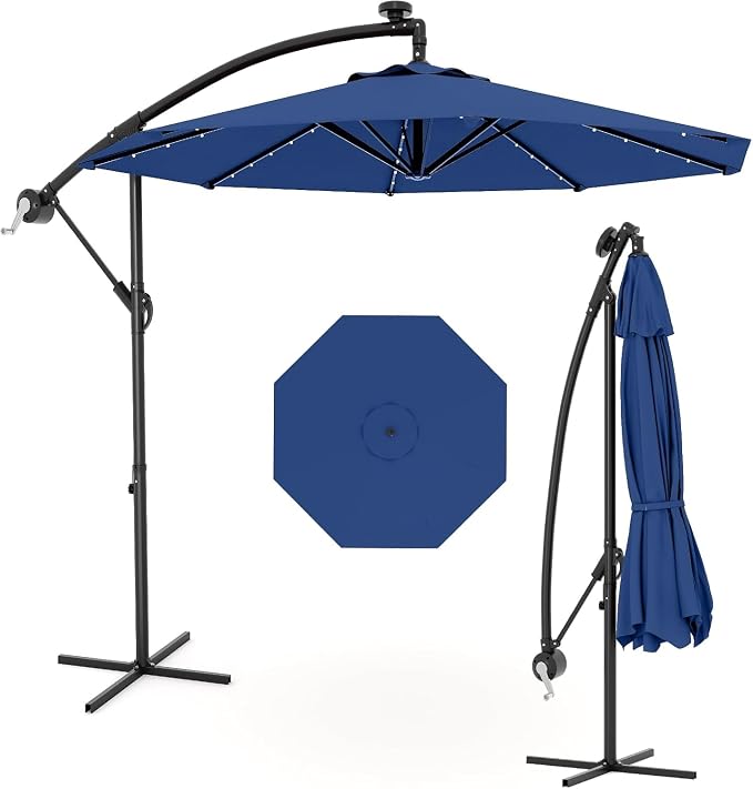 Garvee 10FT Solar Lights Offset Patio Umbrella with Cross Base, Cantilever Umbrella with Easy Lift & Tilt Adjustment, 8 Ribs Sun umbrella UV Protection for Backyard, Pool, Garden, Navy Blue