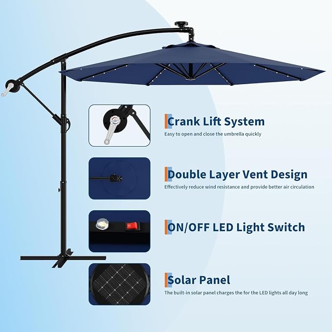 Garvee 10FT Solar Lights Offset Patio Umbrella with Cross Base, Cantilever Umbrella with Easy Lift & Tilt Adjustment, 8 Ribs Sun umbrella UV Protection for Backyard, Pool, Garden, Navy Blue