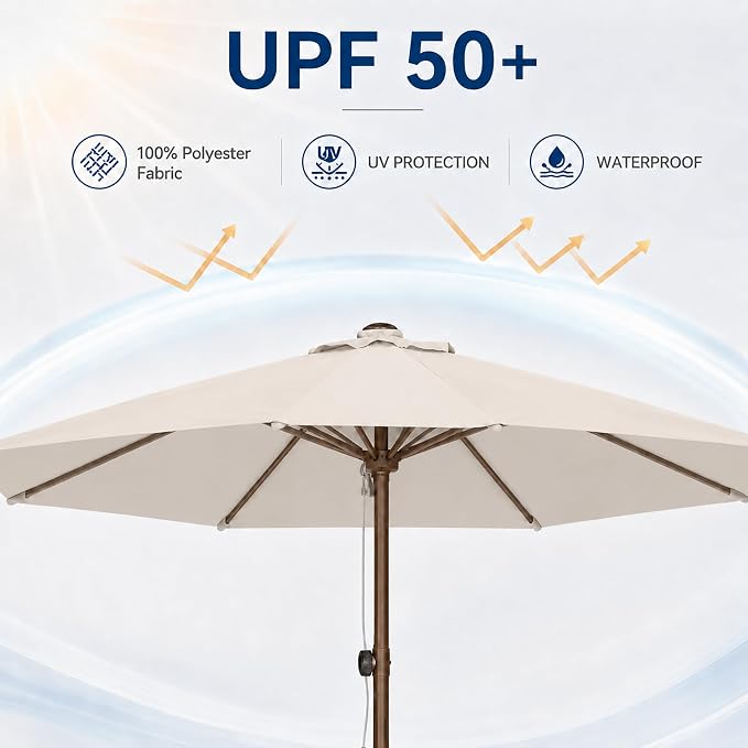 9FT Patio Umbrella, Outdoor Table Umbrella with Rope Pulley Lift, 3 Adjustable Heights, Market Umbrellas for Backyard, Pool and Deck, UPF50+