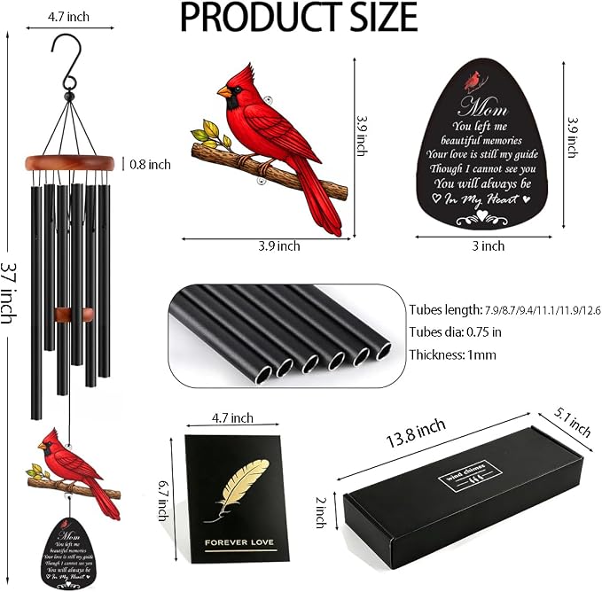 Memorial Gifts for Loss of Mom, 37'' Wind Chimes in Memory of a Loved One, Sympathy Gifts for Loss of Mother, Condolence Bereavement Remembrance Gift in Memory Mom, Large Cardinal Windchimes Outside