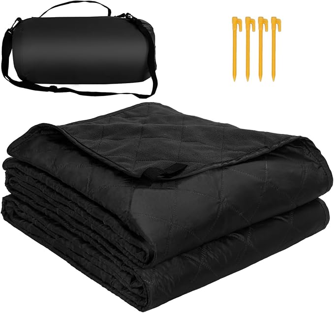 Waterproof Camping Blanket w/Fleece Lining, Large Stadium Blankets for Outdoor Cold Weather, Windproof Emergency Throw, LightWeight and Warm for Hiking, Dog, Picnic, Washable, 67”X 87” (Black, 1PCS)