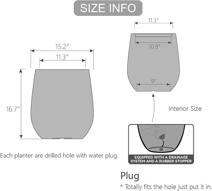 16.9" H Plastic Tall Large Planters for Outdoor Plants, Modern Round Tapered Flower Pot for Indoor Plants, Plant Pots with Drainage Holes and Rubber Plug for Home Garden Patio,Wood-like texture