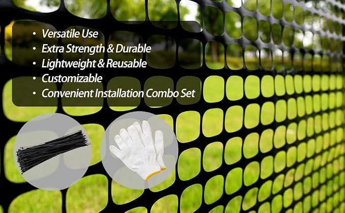 PotatoLife Plastic Mesh Fence Safety Fence, Extra Strength 4'x100' Roll with 100 Zip Ties, Resuable Temporary Netting for Garden Fencing, Construction, Snow Fencing, Animal Barrier, Poultry, Deer, Dog