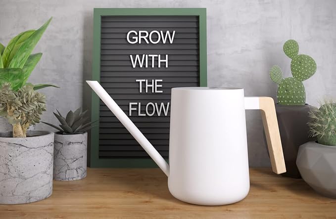 35 Ounce Metal Small Indoor Watering Can with Long Spout & Real Wood Handle for House Plants, Succulents, Cacti & Seedlings - White Long Spout Watering Can Indoor Plants - Gentle Flow & No Spills