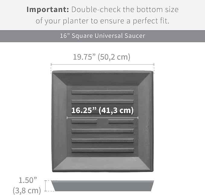 Crescent Garden Universal Square Plant Saucer, Modern XL Durable Drip Tray for Square Planter, Heavy-Duty Plastic Drainage Dish, Large Outdoor Flowerpot Saucer - 16'' Inner x 19.75" Outer (Mocha)