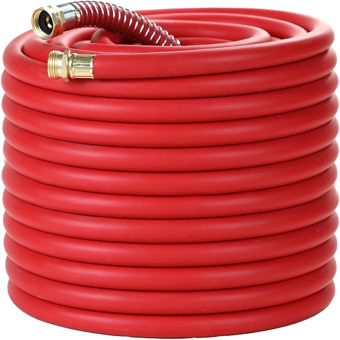 Guitrees 150FT 5/8 Heavy Duty Rubber Garden Hose - 300psi Working, 1000psi Burst - Hot/Cold Water - Five-Layered Braiding for Durability - Versatile for Gardening, Agriculture, Construction(Red)