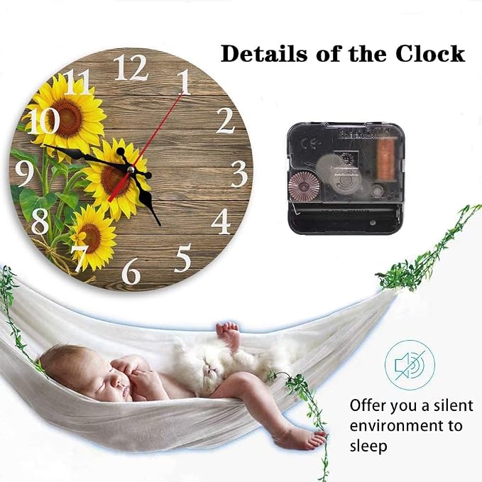 Britimes Round Wall Clock, Silent Non-Ticking Battery Operated Clock 12 Inch, Decor for Bathroom, Bedroom, Kitchen, Office or School Sunflowers Wooden