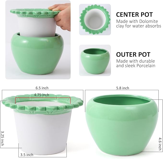 African Violet Flower Pot Ceramic Self Watering Planter Pot 6.5 * 4.6 * 4 inch Simple Plant Self Watering Pot Green Indoor Flowers High Absorption Herbaceous Flower Pots Modern