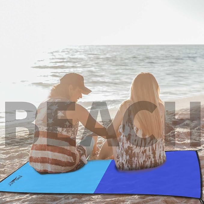 Frelaxy Pocket Picnic Blanket, Waterproof Sandproof Beach Mat, Compact Camping Tarp for Festivals, Hiking, Travel, Outdoor Recreation (Navy & Blue, 35'' x 57'')