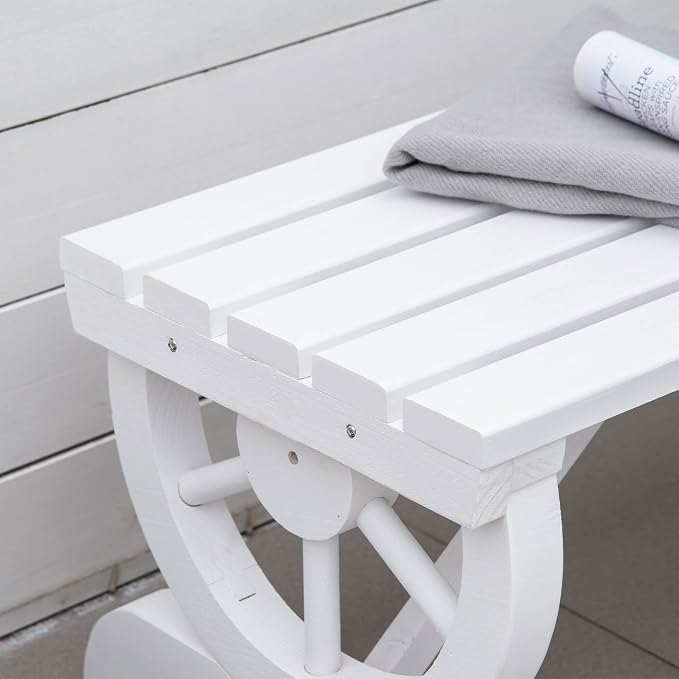 Outsunny 2-Person Wooden Garden Bench, Outdoor Wagon Wheel Porch Bench for Backyard Garden, Support 550 LBS, Rustic Country Style Patio Furniture, White