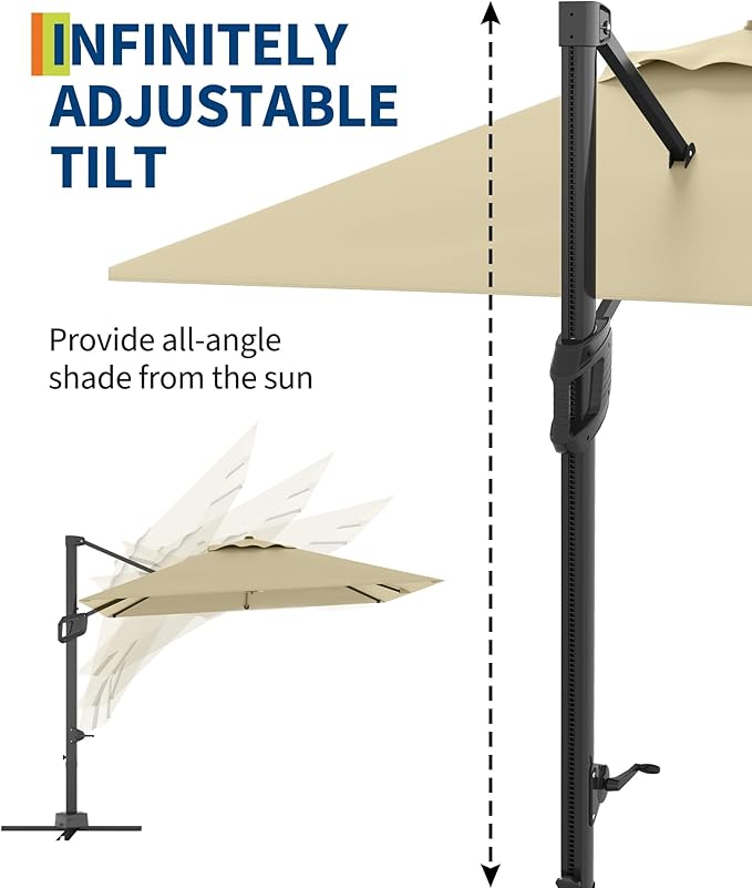 PeakPursuit 10' x 10' Square Cantilever Umbrella - Heavy Duty Aluminum Patio Sun Shade Offset Umbrella with 360-Degree Rotation for Outdoor Decor, Backyard, Deck, Pool