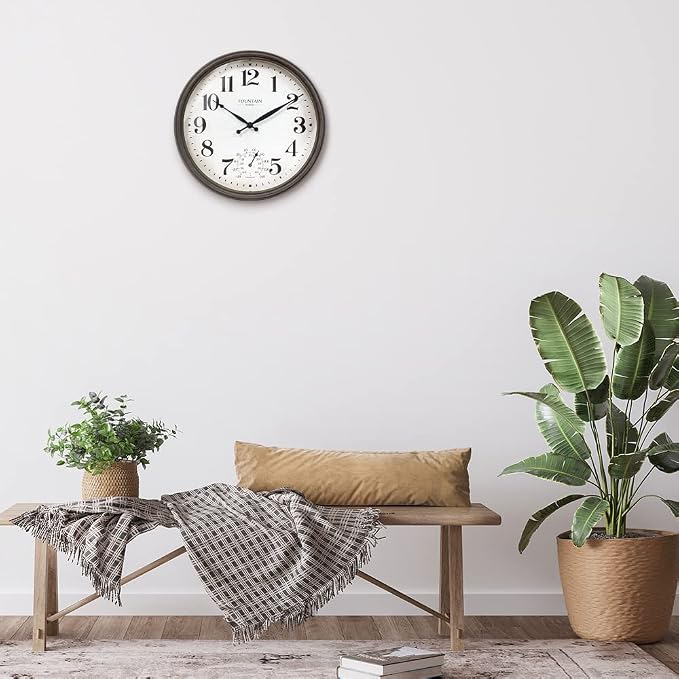 13" Maison in/Outdoor Clock with Thermometer, 2 in One Weather Station - Gray Oak Finish (Weather Thermometer/Wall Decoration)