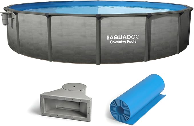 AquaDoc Coventry Round Steel Wall Above Ground Pool Kit 24' x 52" | Classic Package in Pewter Gray Finish with Wide Mouth Skimmer and Solid Blue Overlap Liner, Made in North America