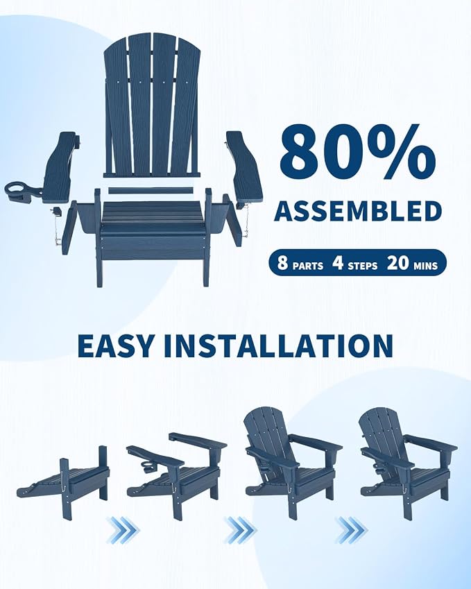 GarveeLife Folding Adirondack Chair Set of 4 with 2 Side Table, All-Weather HDPE Outdoor Chair, Wooden Textured with Cup Holder for patios, Decks, Gardens, fire pits, Navy Blue