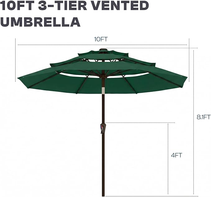 10ft 3 Tier Patio Umbrella, Outdoor Market Table Umbrella with UPF 50+ Vented Canopy, 8 Sturdy Ribs, Easy Push Button Tilt and Crank, Windproof for Deck, Pool, Backyard and Garden
