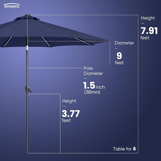 Tempera Solar Patio Umbrella 40 LED Lighted Outdoor Umbrella Table Market Umbrella with Push Button Tilt and Crank, Solar Umbrella with Sturdy Pole&Fade Resistant Canopy, Easy to Set