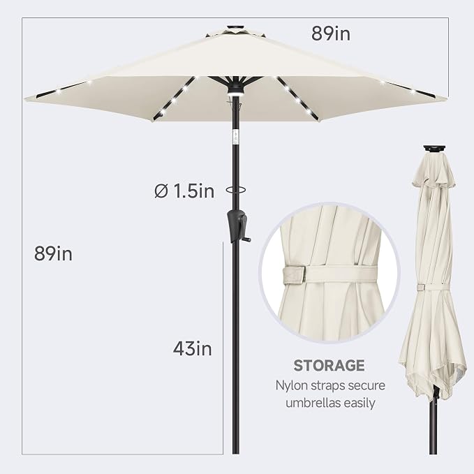 FLAME&SHADE 7.5 FT Solar Light Patio Umbrella, 24 LED Lights Outdoor Umbrella with Centre Surround Light, Table Umbrella Outdoor Patio for Deck, Pool, Backyard, Garden, UV Protection (Ivory)
