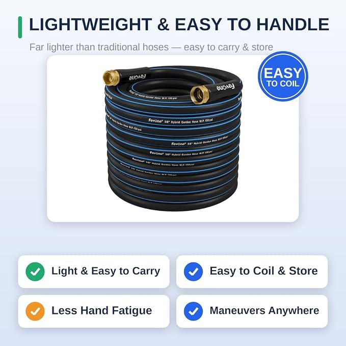 FEVONE Kink Free Garden Hose 75 ft, Heavy Duty Water Hose | Flexible Lightweight, Hybrid Polymer, 5/8 ID, 600 PSI, Leak-Proof, Solid Brass 3/4 GHT Fittings for Garden Watering