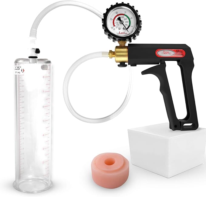 LeLuv Penis Pump Maxi Black Handle + Protected Gauge - Bundle with Clear Hose, Silicone Donut Seal - 9 inch Length x 2.25 inch Diameter Cylinder