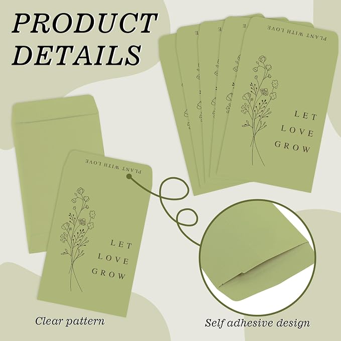 Whaline 200 Pcs Self Adhesive Wedding Favor Seed Packets Let Love Grow Green Envelope Minimalist Storage Pockets for Garden Office Gift Party Supplies, 3.5 x 2.4 Inch