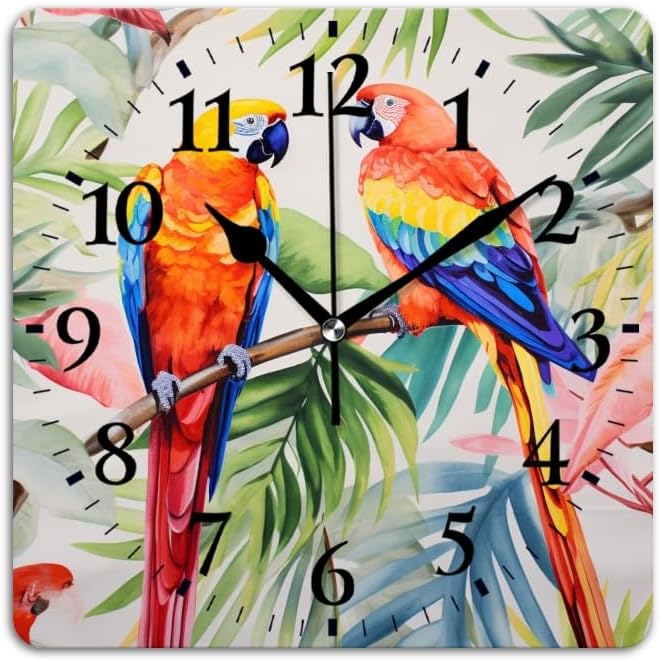Quartz Wall Clocks Non-Ticking Silent Battery Operated Modern Wall Clocks Decorative for Home,Bedroom-Watercolor Painting of Beautiful Tropical Parrots(10inch)