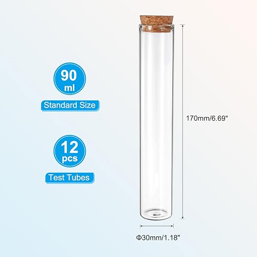 PATIKIL 90ml Test Tubes, 12pcs 6.69x1.18 Glass Clear Flat Bottom Test Tube Containers with Cork Stopper for Bead Party Candy Bath Salt Storage Scientific Experiment Plant Propagation