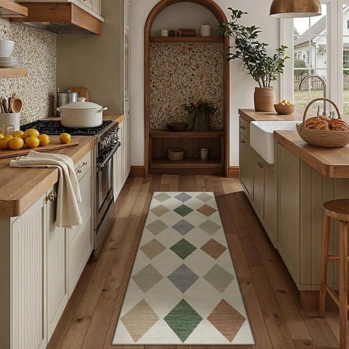 2x6 Washable Runner Rug Kitchen Colorful Non Slip Checkered Carpet | Soft, Low Pile, Easy Clean, Diamond Pattern for Hallway, Entryway, Laundry Room, Bathroom, Modern Neutral Decor