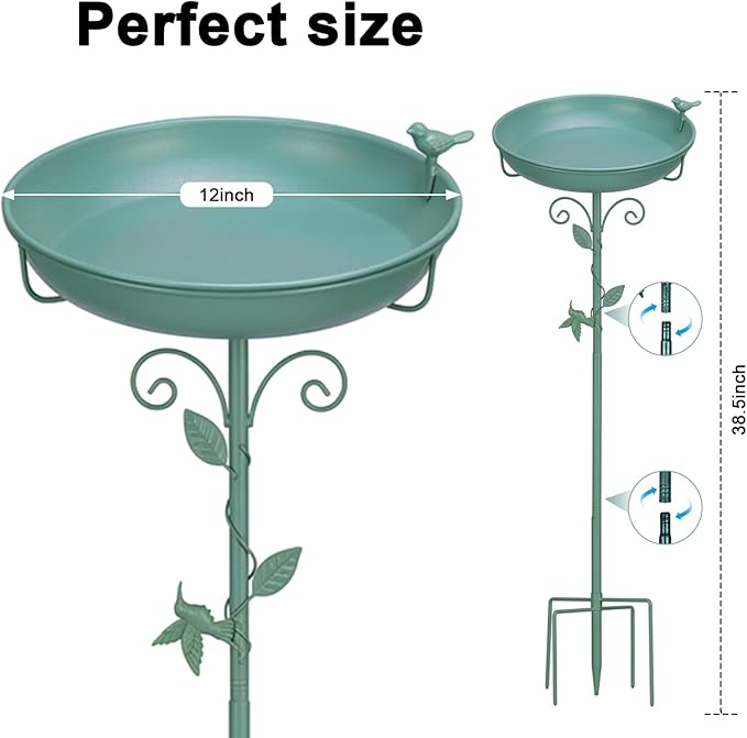 Bird Bath for Outside 38.5 Inch Green Freestanding Garden Birdbath | Metal bird bath with floral scroll 5-Pronged Base Deep large bowl for birds drinking & bathing Yard patio landscape decor