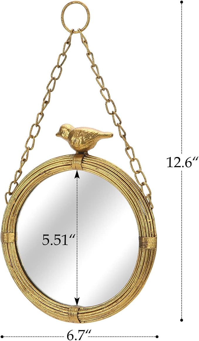NIKKY HOME 6.7 Inch Decorative Small Hanging Mirrors Vintage Round Metal Framed Wall Mounted Mirror Decor with Bird for Bathroom Living Room Office, Rustic Gold