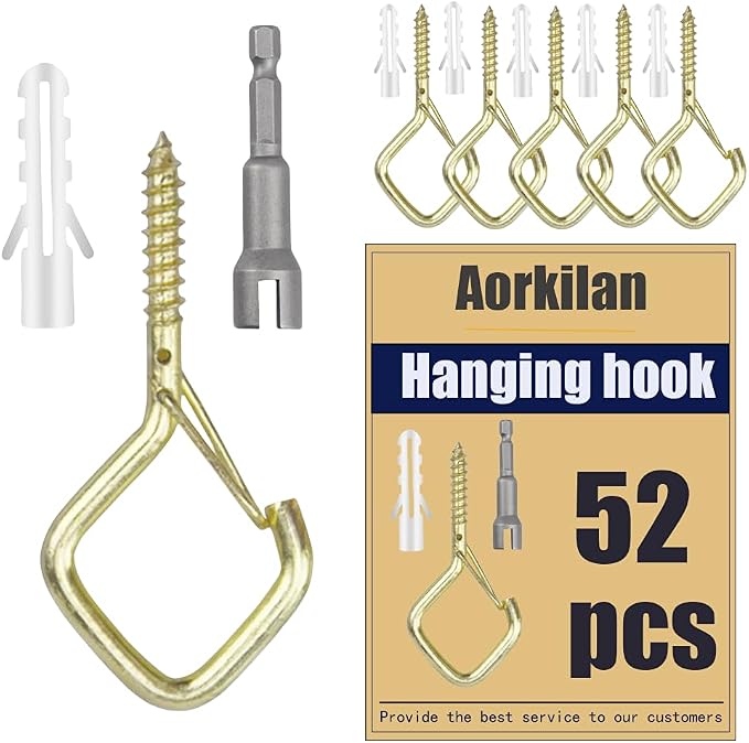 52-Pack Heavy-Duty Golden Screw Eye Hooks with Safety Clips | Metal Ceiling Hooks for Hanging Plants, Wind Chimes, Bird Feeders & Indoor/Outdoor Lights