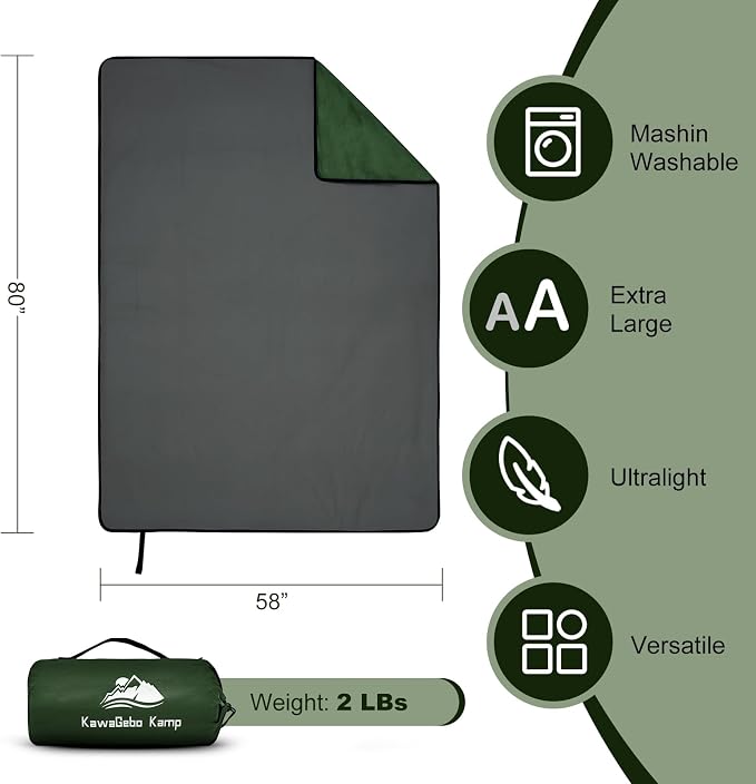 Large Waterproof Outdoor Picnic Blanket 80"x 58" | Windproof Lightweight Stadium Blanket, Packable, Stay Dry and Comfortable for Camping, Sports, Travel - Green