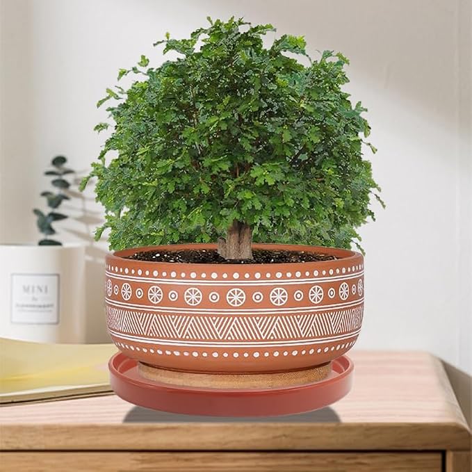 Yukfona Ceramic Plant Saucer Tray 1 Pcs 8 Inch Red Terracotta, 8.5"OD x8.15"ID x1"Deep| Fits flower pots Bottom≤ 8.15", Heavy Duty Glazed Round Planter Drip with Catch Basin for Indoor Outdoor Plants