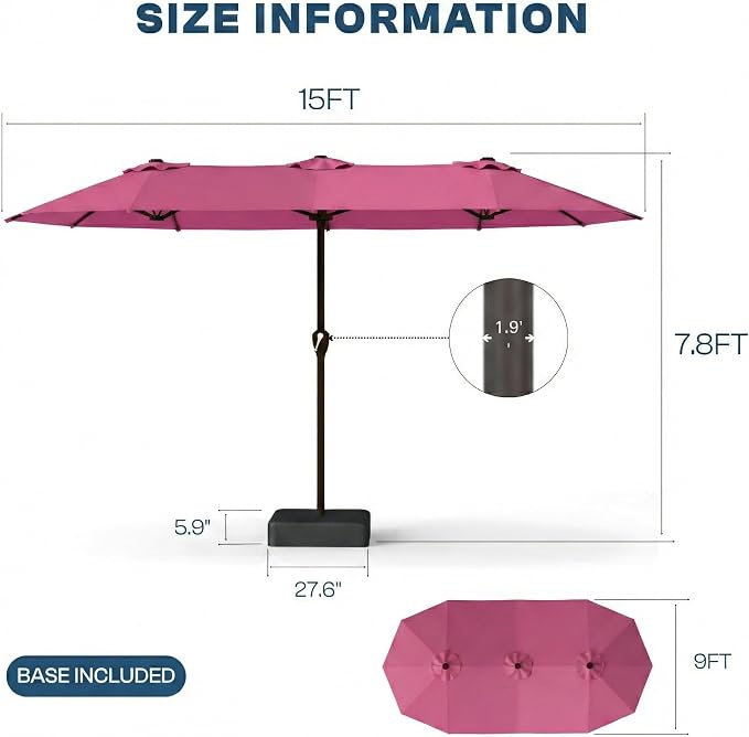 15FT Large Patio Umbrella with Base Included, Double Sided Outdoor Market Umbrella with Flexible Fiberglass Ribs, UV-Blocking Extra Large Umbrella for Garden, Pool, Deck, Rose Pink