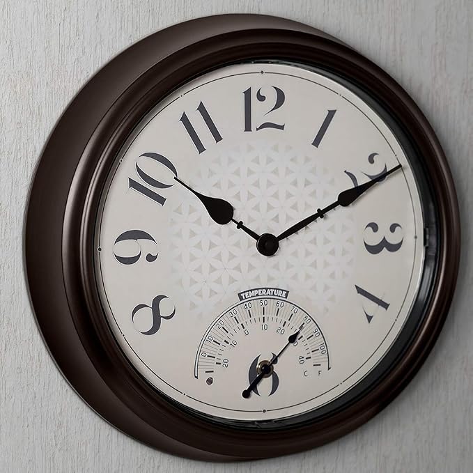 Presentime & Co. 14" in/Outdoor Luminous Wall Clock with Thermometer, Weather Thermometer, Night Light with Smart Sensor - Oil Rubbed Bronze Finish, Outdoor Lights & Decoration.