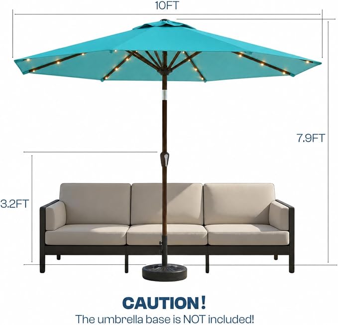 10FT Solar Patio Umbrella with Lights, Outdoor Table Market Umbrella with 32 LED Lights, 8 Sturdy Ribs, Push Button Tilt and Crank for Pool, Deck and Garden, UV-Resistant