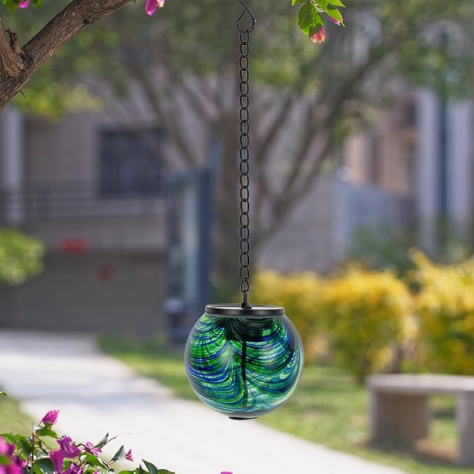 Solar Hanging Lanterns Outdoor, Waterproof Solar Gazing Ball Lights, Color Changing Led Glass Globe Lights for Garden Yard Tree Party Decor, Green Swirl
