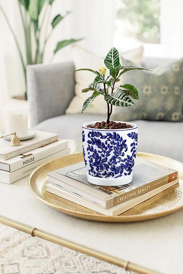 Set of 2 Ceramic Blue and White Plant Pots with Drainage Hole and Saucers, 4.3/5.5 Inches Ceramic Planters Round Flower Pots for Indoor Plants Succulent Cactus Orchid Flower, Indoor Outdoor Decor