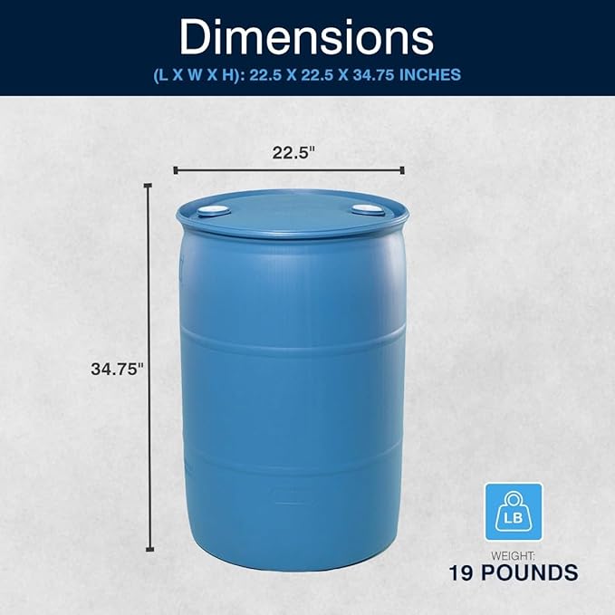Bushman 55 Gallon Plastic Drum, Tight Head HDPE Barrel for Water, Chemical, or Oil Storage, Stackable Industrial with Closed Lid, Blue