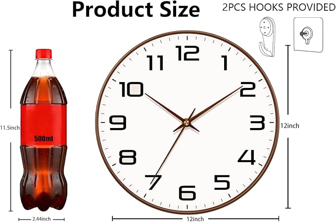 Woodgrain Wall Clocks Battery Operated 12 Inch, Large Easy-to-Read Silent Digital Wall Clock, Non Ticking Modern Vintage Analog Clock for Bedroom Living Room Bathroom Kitchen Office Gym,Brown