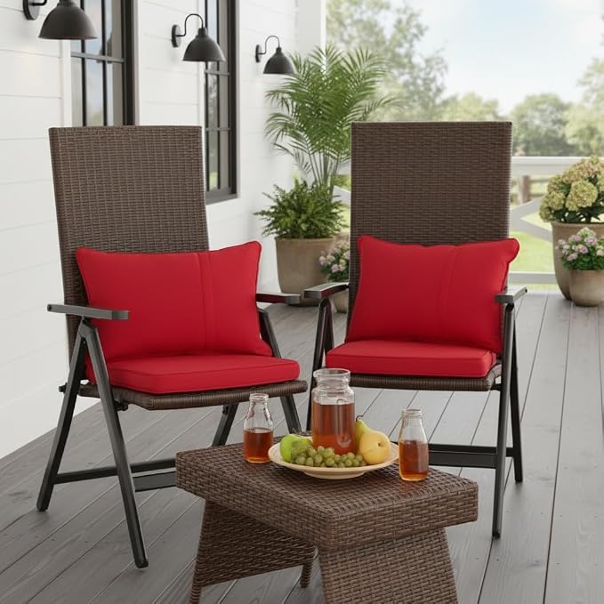 Indoor/Outdoor Chair Pads in Sunbrella Fabric – 17''x17'' Patio Seat Cushions with Foam Insert, Removable Reversible Cover & Ties for Patio Dining Chairs – Set of 2 or 4, Canvas Jockey Red