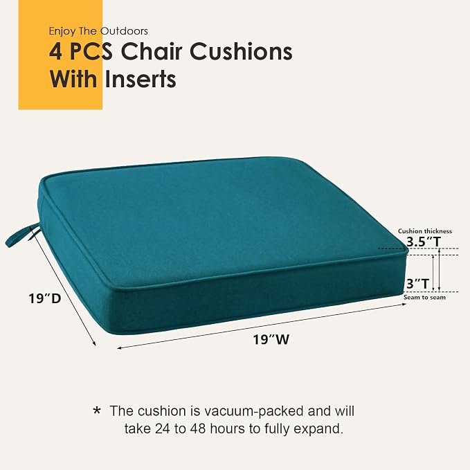 Outdoor Sunbrella Square Corner Seat Cushion, 19"x19"x3", Set of 4, Non Slip Seat Cushion Pads with Removable Cover for Patio Furniture, Garden Yard Lawn, Spectrum Peacock