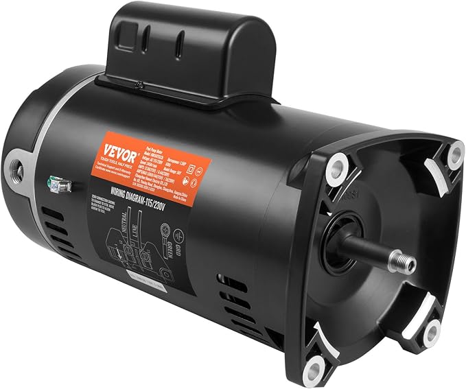 VEVOR 1.5 HP Pool Pump Motor, 56Y Frame, 115V((12.8 Amps))/230V(6.4 Amps) 3450 RPM, 60Hz, 1.1 Service Factor, 90μF/250V Capacitor, CCW Rotation Square Flange Replacement Motor