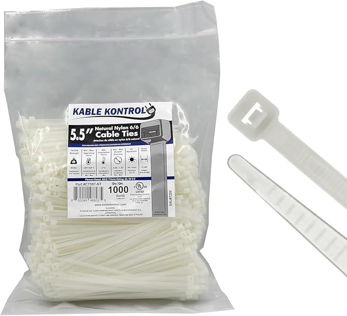 Kable Kontrol Cable Zip Ties Natural White 1000 Pcs 5.5 Inch, 40 Lbs Tensile Strength, Self-locking Natural Nylon Clear Plastic Wire Ties wraps for Indoor or Outdoor Use