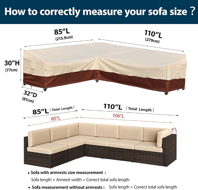 Outdoor Sectional Cover Patio Furniture Covers Waterproof Rip-Stop Anti-UV 600D Heavy Duty Couch Sofa Cover with 3 Air Vent (Beige & Reddish Brown, L-Shaped-85''X110'')