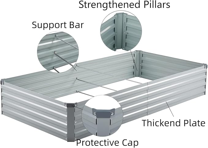 Meberam 2 Pack 6x3x1FT Galvanized Raised Garden Bed Kit, Outdoor Metal Planter Box for Vegetables, Bottomless Rectangular Gardening Bed with Support Rods, Tool-Free Assembly, Gray