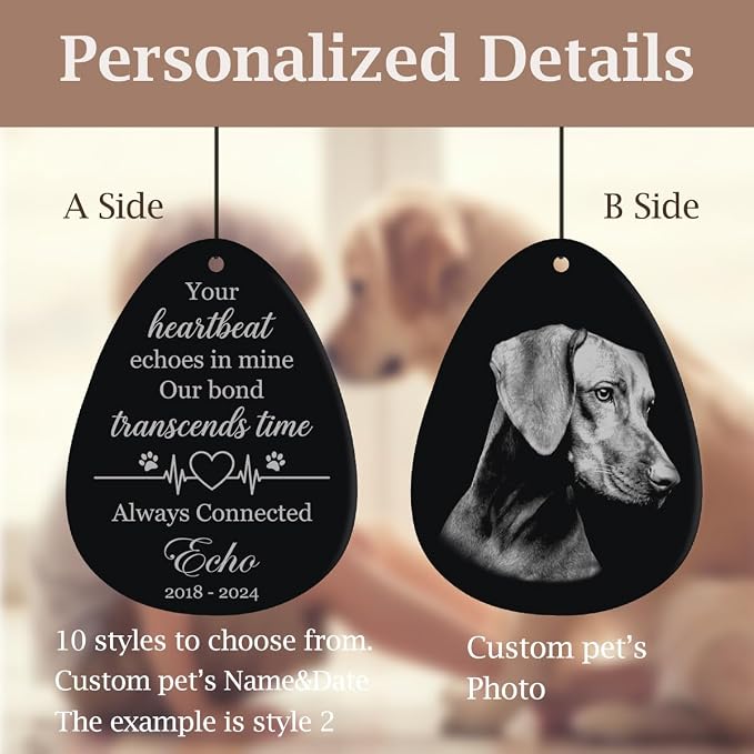 Personalized Sympathy Gift for Loss of Dog, Cat– Custom Pet Memorial Wind Chimes - Laser Engraved with Your Pet's Photo & Name – in Loving Memory, Outdoor Garden Decor