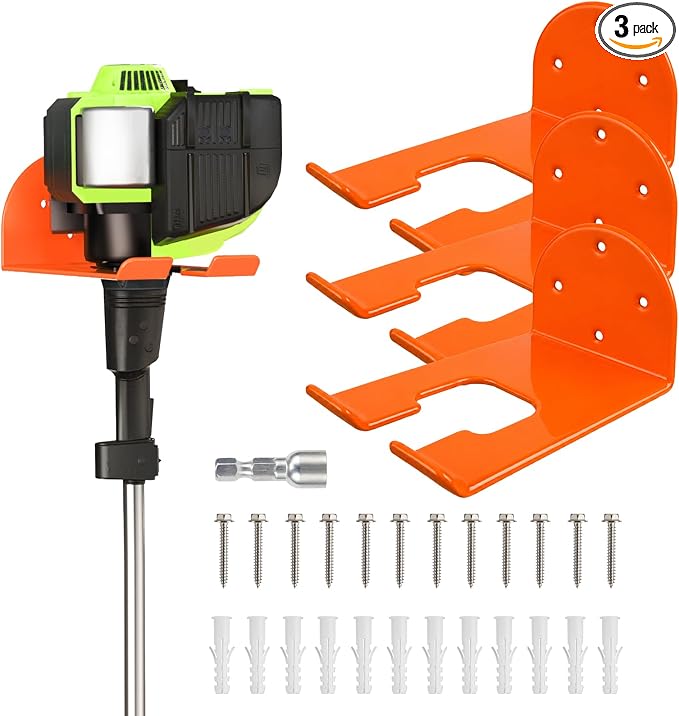 Weedeater Hanger, Heavy Duty Weed Eater Hanger Wall Mount, Garden Power Tool Holder with Rubber Coating for Grass Trimmer, Hedge Trimmer, Leaf Blower, Garage Organizer, 3 Pack